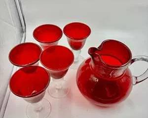 Ruby Red Crackle Glass Pitcher with 5 Goblets Vintage Hand Blown Barware Drink Set