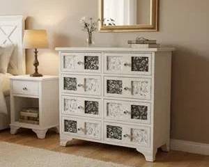 Shabby Chic Farmhouse 9-Drawer Accent Dresser – White w/ Floral Panels – 32”