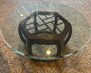 Mid Century Modern Style Glass Coffee Table – 42” Round, Solid Wood Base