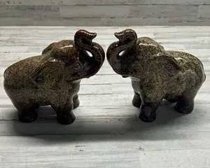 Pair of Mid-Century Modern Style Ceramic Elephant Figurines Brown Drip Glaze Lucky Trunks Up Decor