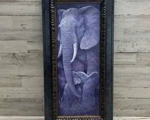 Framed Roanne Manning “Elephant & Calf” Wildlife Art Print – Tall Decorative Wall Décor