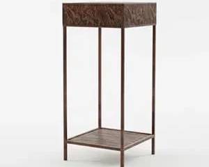 Carved Safari Motif Plant Stand – Metal Frame & Woven Top Shelf