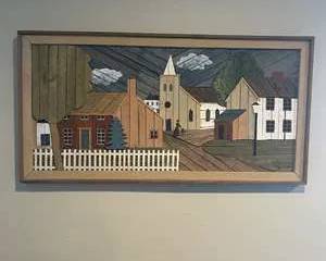 Vintage Signed Wooden Folk Art Wall Panel – “DeGroot” – 50” x 26” – Handmade Village Scene