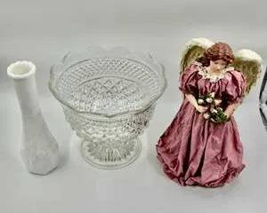 Vintage Crystal Compote Bowl Milk Glass Vase and Handcrafted Angel Figurine Home Decor Lot