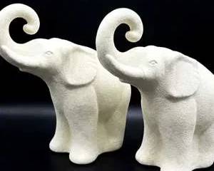 Royal Haeger White Elephant Figurines Pair Textured Ceramic Trunk Up Mid Century Decor