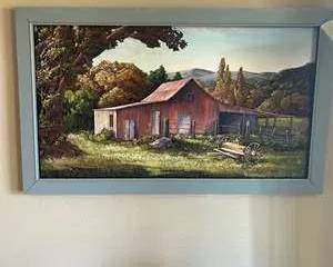 Large Marc Martel 3D Mixed-Media Barn Landscape – Rustic Western Cabin Art (47x27)