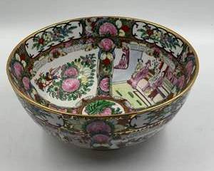 Vintage Rose Medallion Style Porcelain Bowl Hand Painted Famille Rose Floral Figures