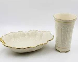 Lenox Ivory Porcelain Leaf Dish and Vase Set 24K Gold Trim Hand Decorated Made USA