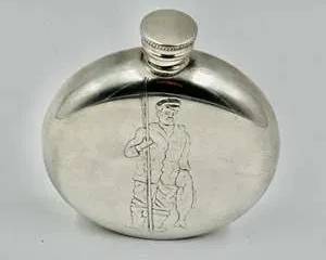 Pinder Bros English Pewter Flask 6oz Round Fisherman Engraved Vintage Sheffield Barware