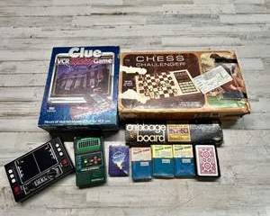 Vintage Games & Electronics Lot – Clue VCR Mystery, Chess Challenger, Handheld Football, Cribbage, Pocket Trivia