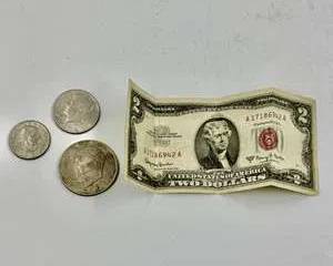 1963 Red Seal Two Dollar Bill with Kennedy Half Dollars Susan B Anthony Ike Dollar Coin Lot