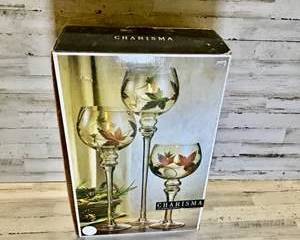 Charisma Hand Painted Glass Hurricane Candle Holder Set of Three Tall Elegant Pedestals