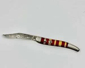 Vintage Red Celluloid Button Lock Pocket Knife Novelty Safety Switch Folding Blade Collectible