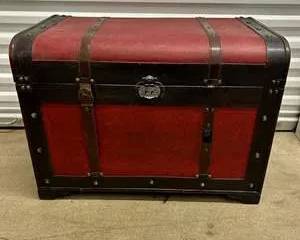 Decorative Trunk Chest – Red & Brown Faux Leather Steamer Style Storage