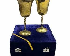 Vintage Brass Goblet Wine Cups Pair with Velvet Presentation Box Made in India Decorative Set