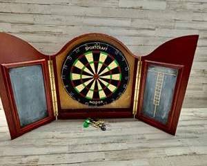 Sportcraft Dartboard Cabinet Set Wood Case with Darts Scoreboards Vintage Game Decor