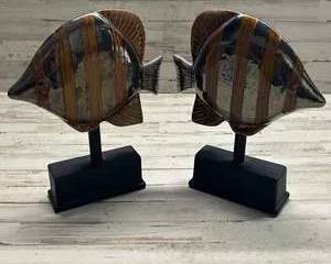 Set of 2 Decorative Ceramic Fish Sculptures on Black Stands – Striped Glazed Finish – Coastal Nautical Home Décor