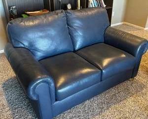 Real Leather Loveseat – Rolled Arms, Navy Blue, Very Comfortable (61”)