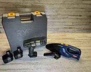 Ryobi 12V Cordless Drill Set with Case Batteries and Handheld Vacuum Attachments