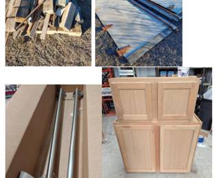 pict 13 wood scraps, semi trail doors, grab bars 2 oak cabinets