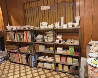 Music, LPs, Milk glass, Avon bottles and vases in boxes