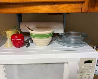 Microwave, blue philbe, crockery, timer, vintage baby cup and plastic ware