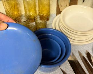Nesting mixing bowls, vintage glassware, Block vintage dishes, silverware and knives