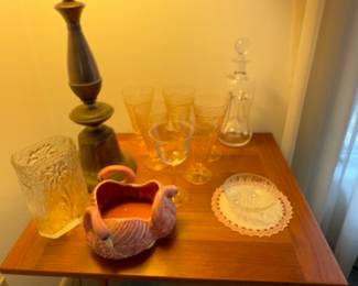 Pink Depression glass, MCM vase, vintage swan, unusual glass decanter