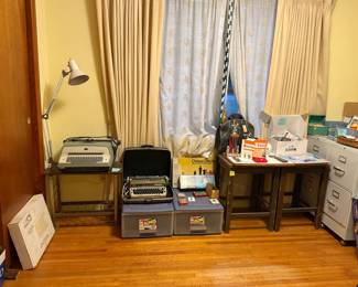 Office area, two vintage typewriters