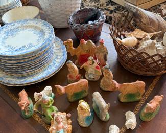 Old Chalkware nativity pieces and set of old blue flowered dishes