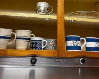 Pottery mugs, glass pie plate