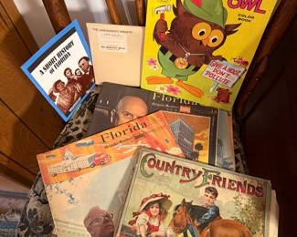 Vintage Florida interest magazines/books, unused Woody Owl coloring book and antique Country Friends