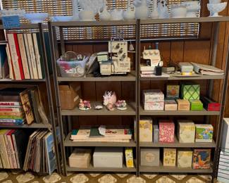 Boxed Avon collectibles, milk glass, some Fenton, 78s and LPs, Sheet music and music books, sewing machines