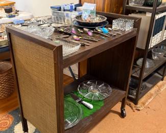 Mid century Cart with various glass and silver