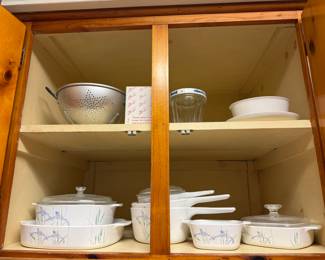 Corningware casseroles and dishes, strainer.