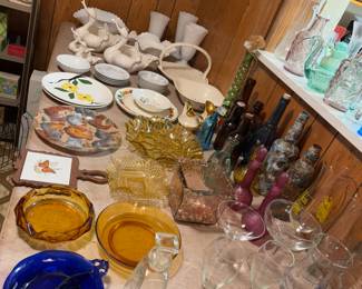 Vintage bottles, glass and dishes