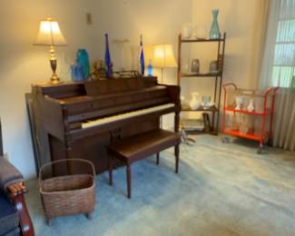 Nice Baldwin Acrosonic piano, various glass, shelving, woven magazine etc basket. 