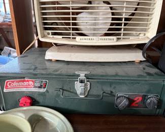 Coleman propane stove , vintage GE fan