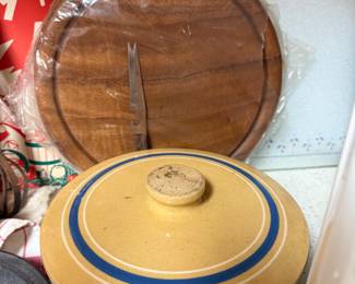 Crock, wood cutting boards and cheese/bar knife
