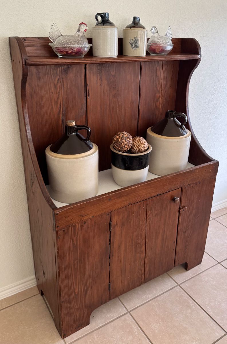 Primitive Pine Dry Sink, vintage crocks
