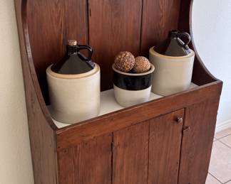 Primitive Pine Dry Sink, vintage crocks 