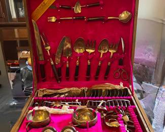 Vintage Thai brass and teak flatware set
