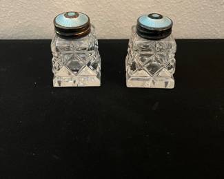 Norwegian Art Deco Sterling & Guilloche Enamel Crystal Small Salt & Pepper Shakers