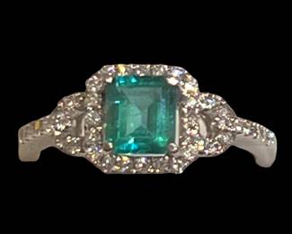 Emerald Center Stone with Diamond Surround Ring