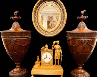 Decorative Federal Wooden Knife Boxes & Figural Mantel Clock