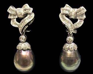 Diamond Bow with South Sea Pearl Drop Earrings