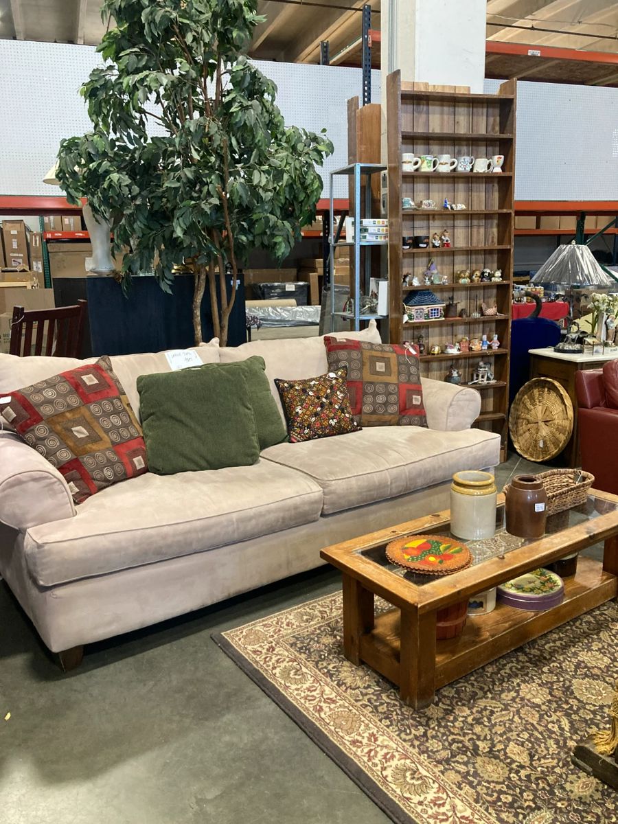 Suede large sofa, coffee table, throw pillows