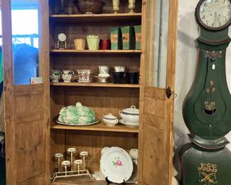 Large Pine Display Cabinet, Accessories, Vintage Grandfather Clock