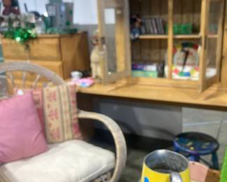 Bamboo lounge chair, table desk with bookcase