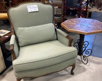 Side chair, prison made wood inlaid side table with iron base